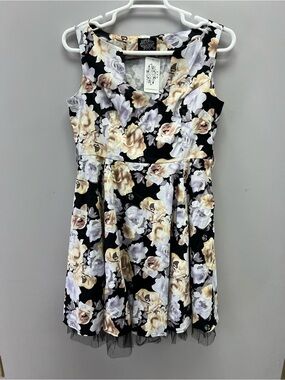 Hearts & Roses Floral Black & Cream Sleeveless Tulle Hem Dress Women’s 16
